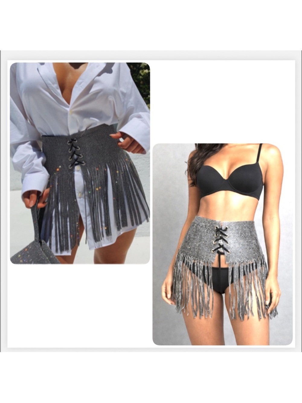 Vintage Silver Rhinestone Fringe Lace-Up Waist Belt